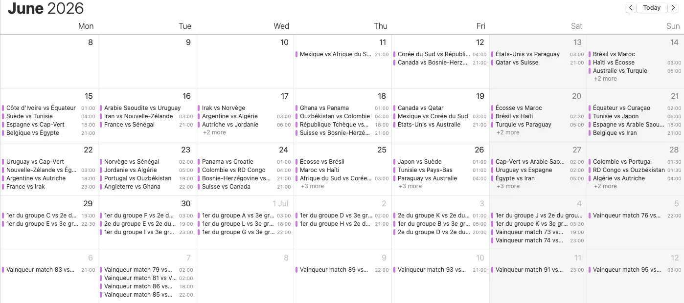 Aperçu du calendrier de la Coupe du Monde 2026 dans Google Agenda, avec tous les matchs de poule et les phases finales aux noms provisoires